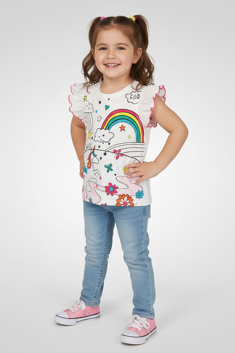 Hamleys Toddlers Girl Crew Neck Flutter Sleeve Graphic Print Top With Water Color Set, Multicolor - Image 1